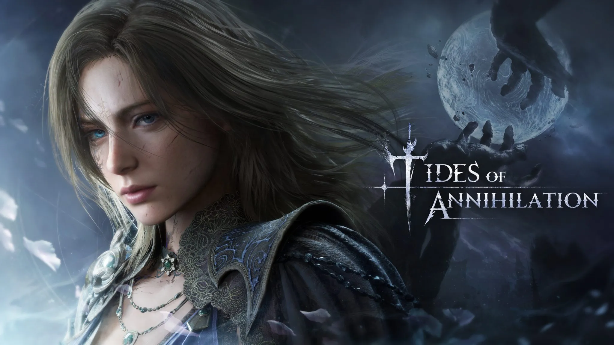 Portrait of a Female Warrior in Ornate Armor with Wind swept Hair and a Stormy Background Game Title on the Right Tides of Annihilation