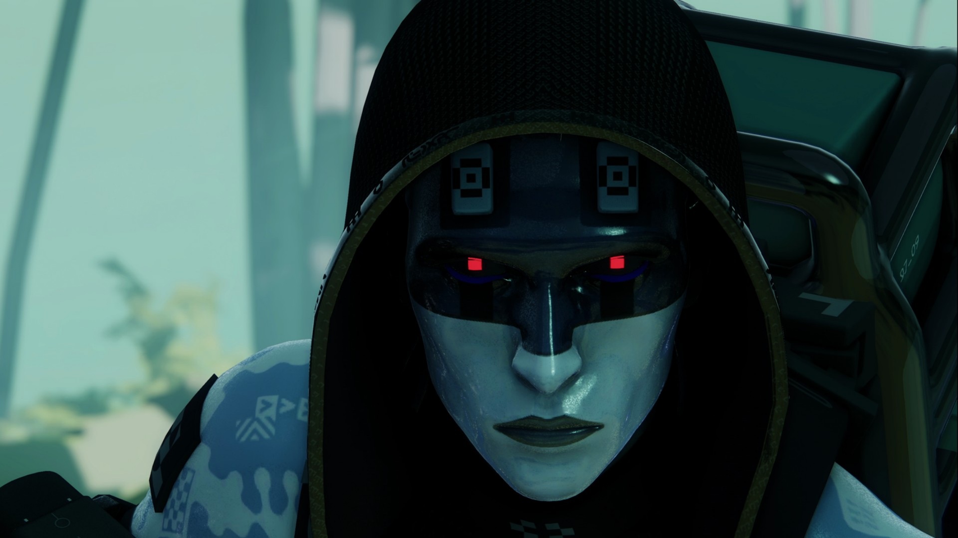 Close up of a Hooded Metallic faced Figure with Glowing Red Eyes in a Dark Futuristic Setting