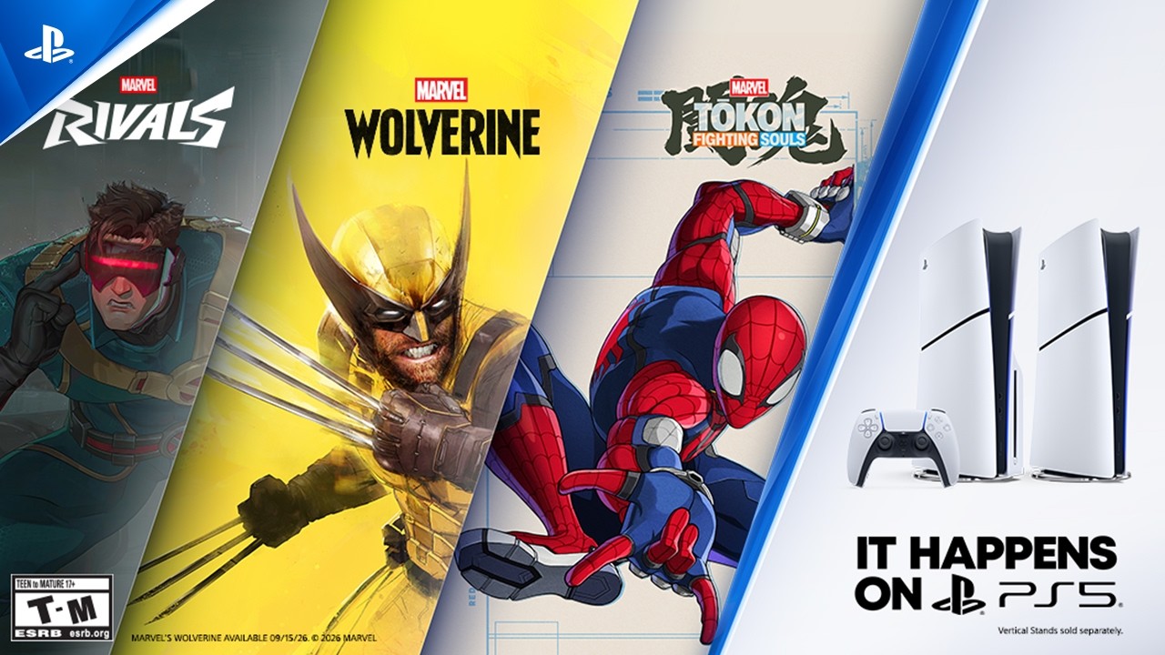 Promotional Banner Featuring Marvel Games rivals Wolverine Spider man and a Ps5 with 'it Happens on Ps5'