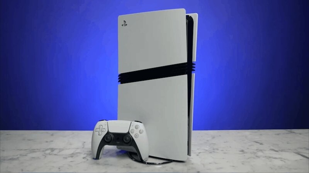 Sony Playstation 5 Console with a Dualsense Controller on a Marble Surface Against a Blue Background