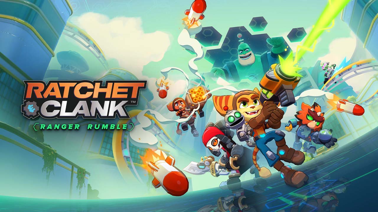 Promotional Game Cover for Ratchet & Clank Ranger Rumble Showing Ratchet and Friends Charging Forward with Futuristic Weapons and Gadgets