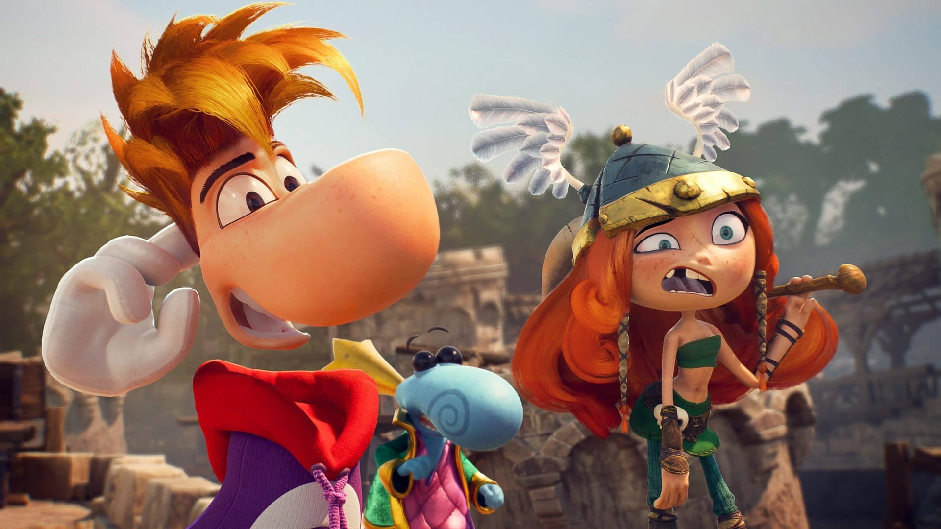 Two Animated Characters Face off in a Lively Fantasy Battle Among Ruins with Others Watching in the Background