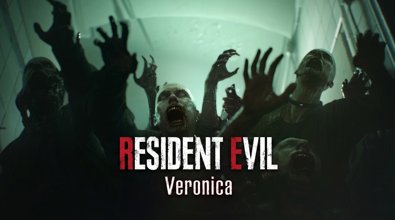 Zombie Horde Reaching Toward the Camera in a Dim Green tinted Hallway with the Title 'resident Evil Veronica' Overlaid in Bold Redwhite Letters