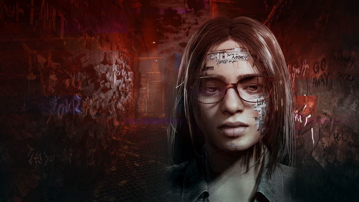 Close up Portrait of a Woman with Glasses Handwriting Tattooed on Her Face in a Dark Graffiti lit Corridor