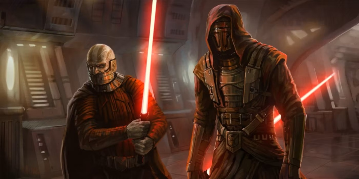 Two Armored Warriors Stand in a Sci fi Interior Each Wielding a Glowing Red Lightsaber Ready for Battle