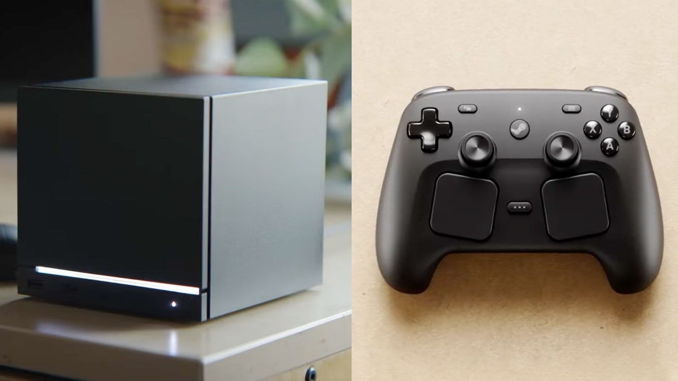 Left Black Cube shaped Gaming Console with a Thin Glowing Horizontal Led at the Base Right Black Game Controller with Two Analog Sticks and Two Large Trackpads