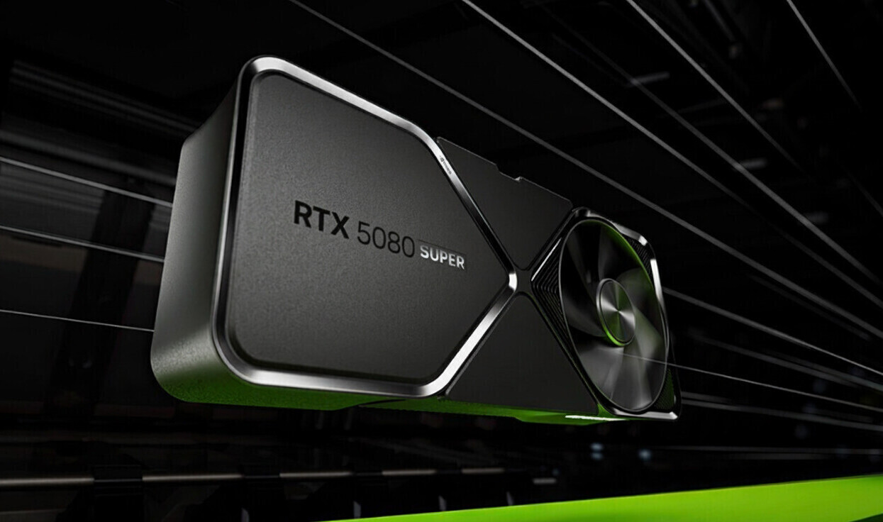 Rtx 5080 Super Graphics Card with a Metallic Cooling Shroud Shown in a Dark Tech Setting with Green Accents