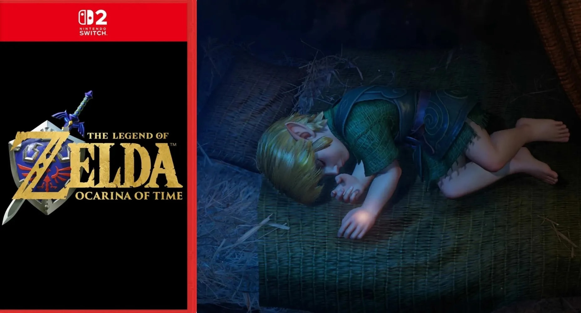 Split Image Left Panel Shows Nintendo Switch Logo and the Legend of Zelda Ocarina of Time Cover Art with Sword and Shield Right Panel Shows Link Asleep on a Woven Floor Mat