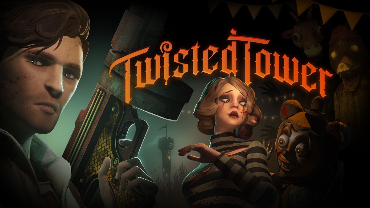 Cover Art for 'twistedtower' Showing a Man with a Gun a Distressed Striped prisoner Woman and Eerie Carnival Characters in the Background