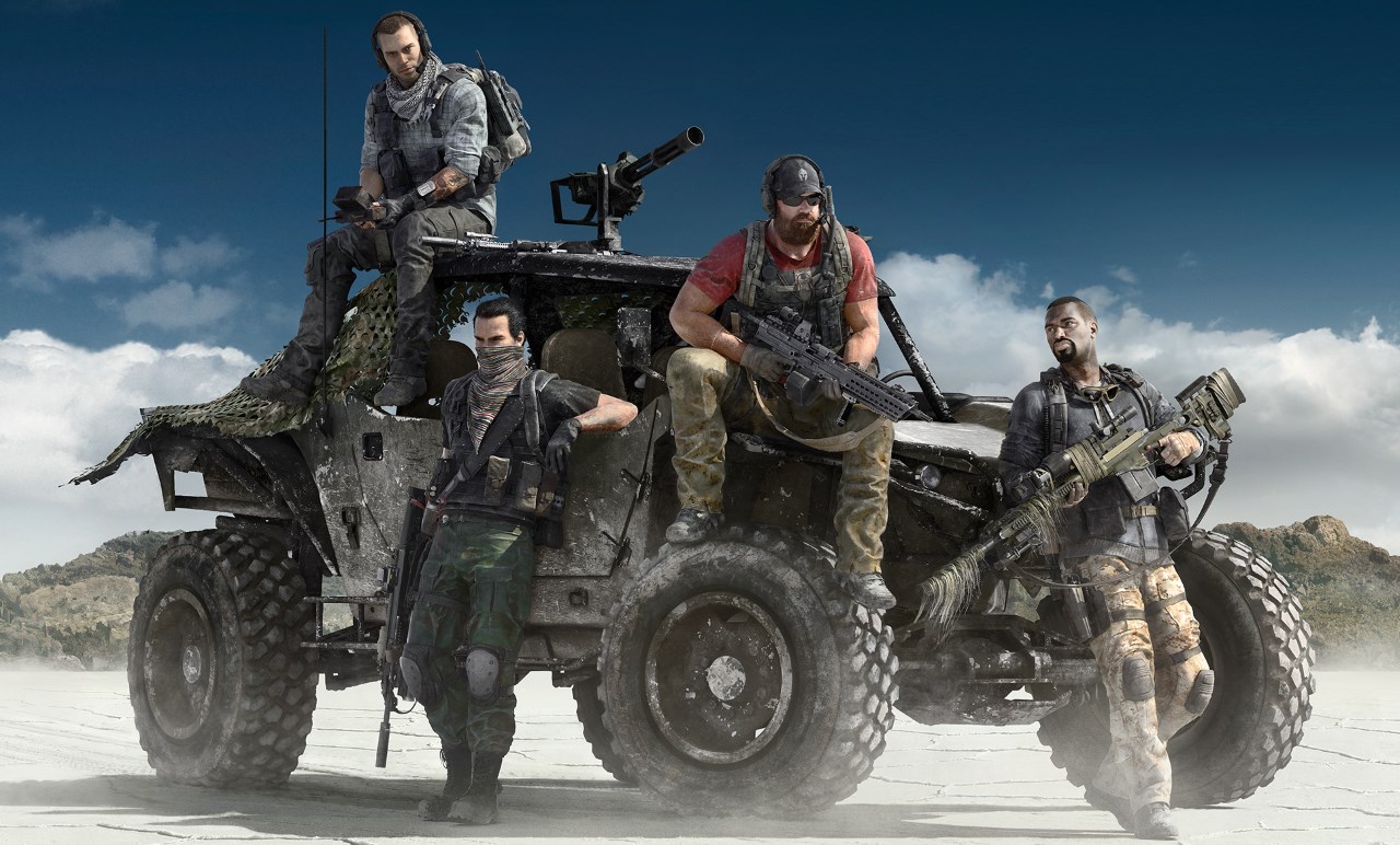 Four Soldiers in Tactical Gear Pose on and Beside a Rugged Armored Vehicle in a Dusty Desert Landscape with a Clear Blue Sky
