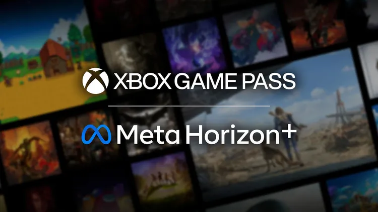 Collage of Game Thumbnails with Xbox Game Pass and Meta Horizon+ Logos in the Foreground