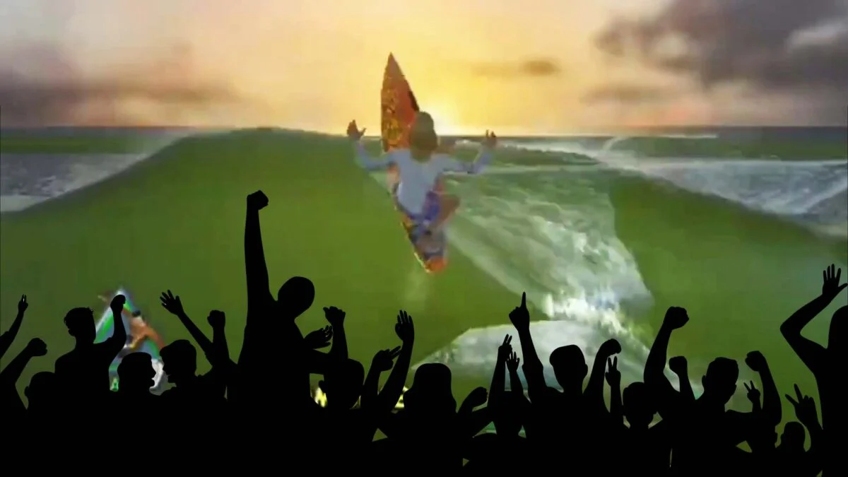Surfer Riding a Green Wave at Sunset with Cheering Crowd Silhouettes in the Foreground