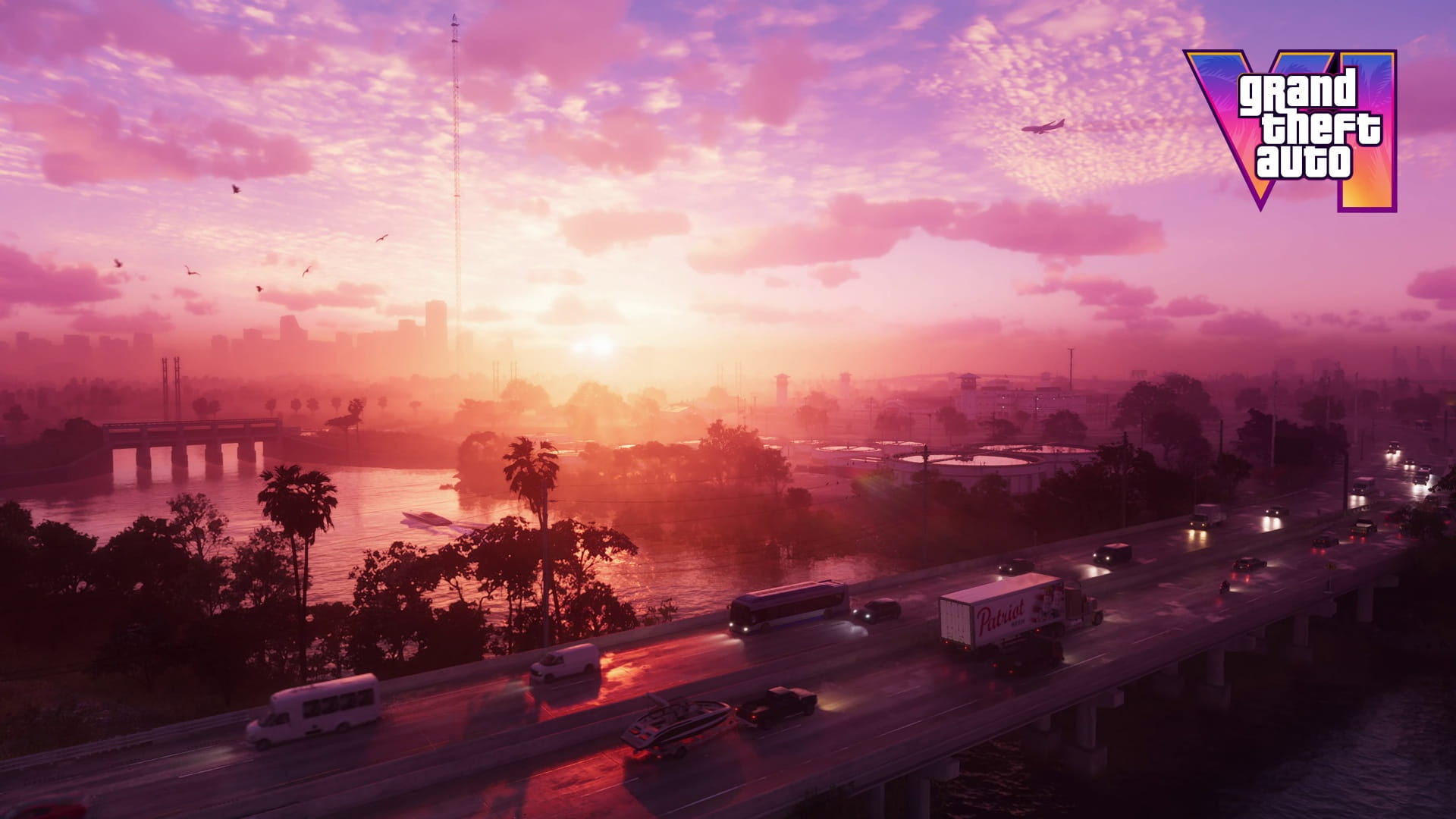 Sunset Cityscape with Pink Sky Palm Trees River and a Busy Highway Grand Theft Auto Logo in the Top right Corner