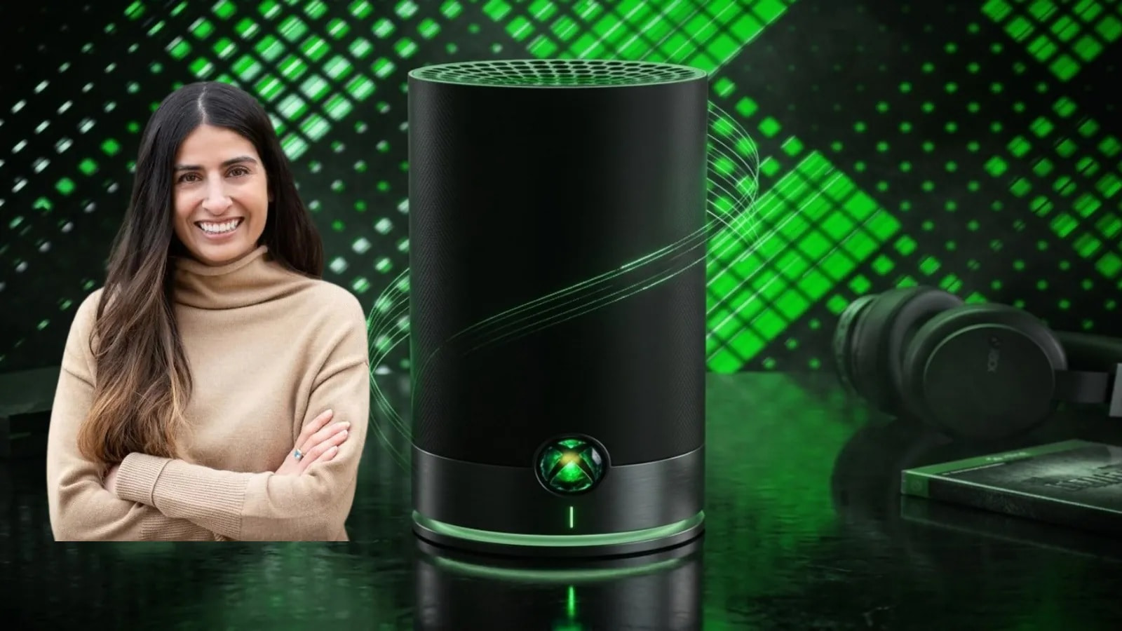 Smiling Woman Stands Beside a Tall Black Cylindrical Device with Green Lighting in a Neon Green Tech themed Setting with Headphones in the Background