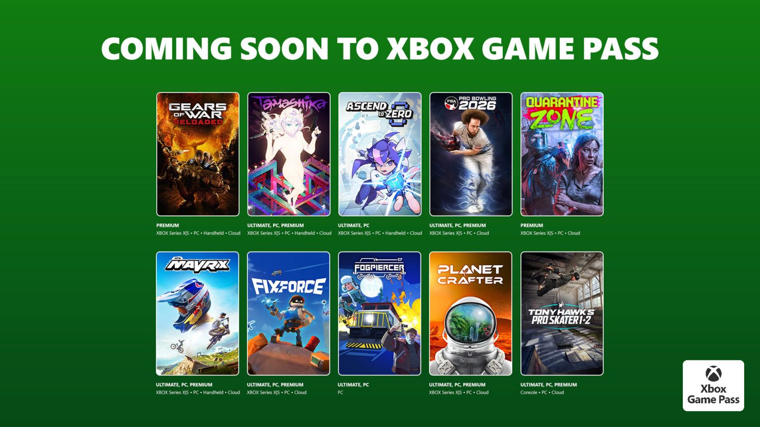 Green Banner Reading 'coming Soon to Xbox Game Pass' with Two Rows of Game Cover Thumbnails