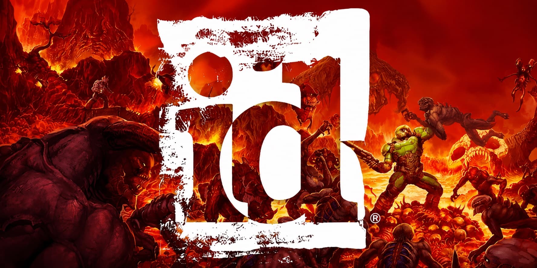 Promotional Doom Artwork Fiery Lava World with Demons Clashing with a Marine Overlaid by a Large White Doom Logo