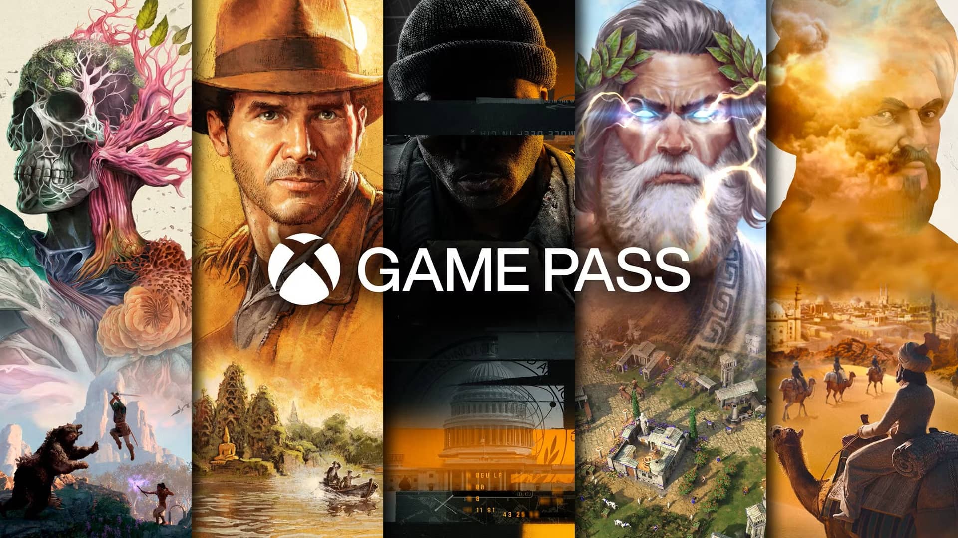 Collage Banner for Game Pass Showing Varied Game Art a Skeletal Skull Adventurer Masked Fighter Bearded Godlike Figure Desert Battlegrounds and City Landmarks